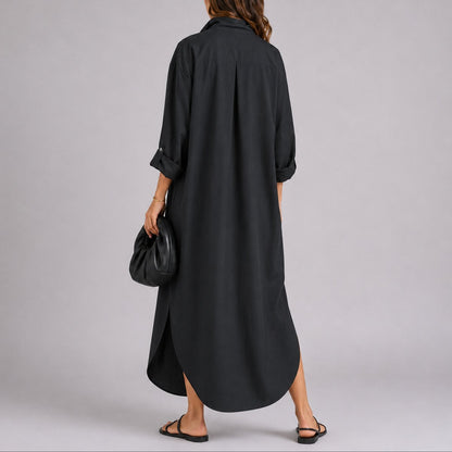 Effortless Linen Autumn Wedding Guest Dress for Women with Collar Long Sleeve Button Front Maxi Relaxed Style