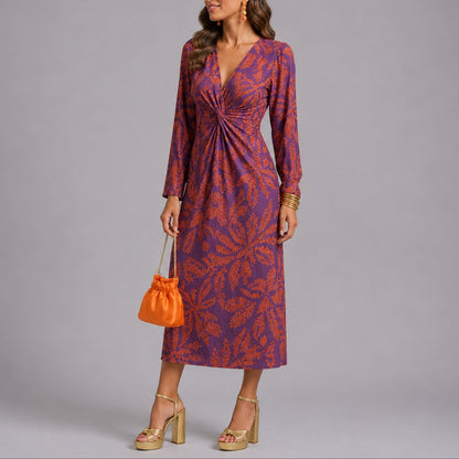Elegant Floral Autumn Wedding Guest Dress for Women with V Neck Long Sleeve Twist Front Midi Style