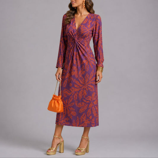 Elegant Floral Autumn Wedding Guest Dress for Women with V Neck Long Sleeve Twist Front Midi Style