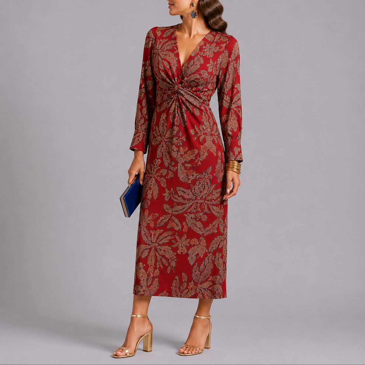 Elegant Floral Autumn Wedding Guest Dress for Women with V Neck Long Sleeve Twist Front Midi Style