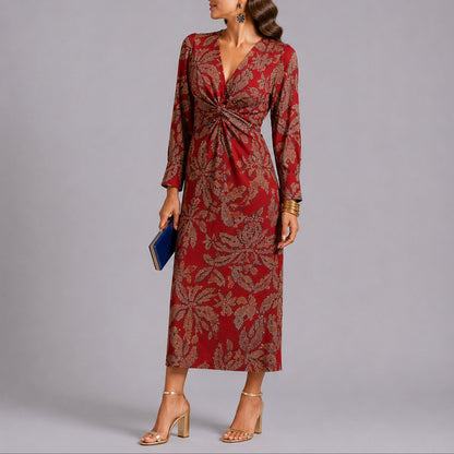Elegant Floral Autumn Wedding Guest Dress for Women with V Neck Long Sleeve Twist Front Midi Style