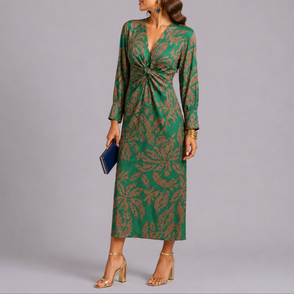 Elegant Floral Autumn Wedding Guest Dress for Women with V Neck Long Sleeve Twist Front Midi Style