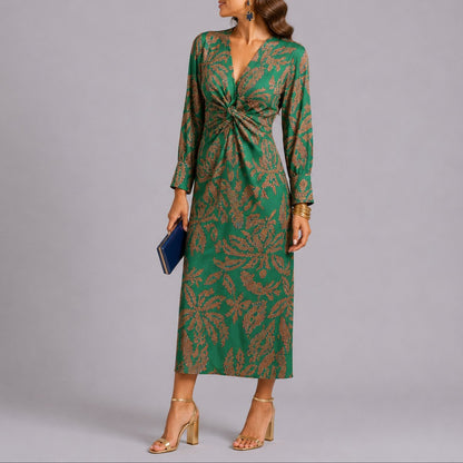 Elegant Floral Autumn Wedding Guest Dress for Women with V Neck Long Sleeve Twist Front Midi Style