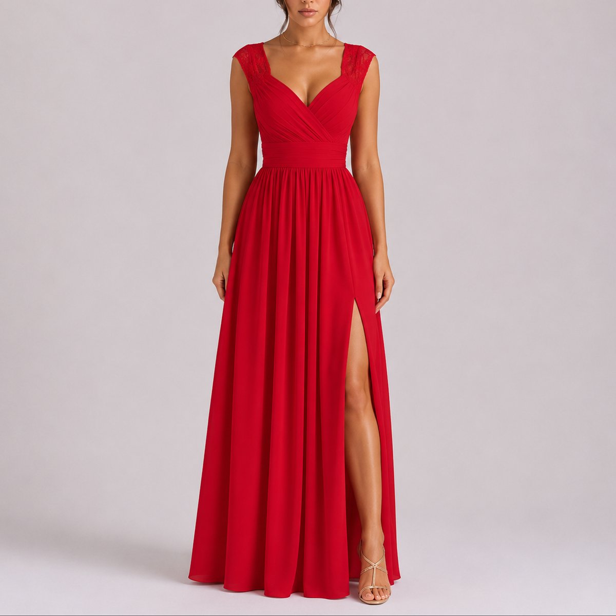 Elegant Chiffon Autumn Wedding Guest Dress for Women with V Neck Cap Sleeve Lace Trim High Slit Flowing Style