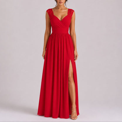 Elegant Chiffon Autumn Wedding Guest Dress for Women with V Neck Cap Sleeve Lace Trim High Slit Flowing Style