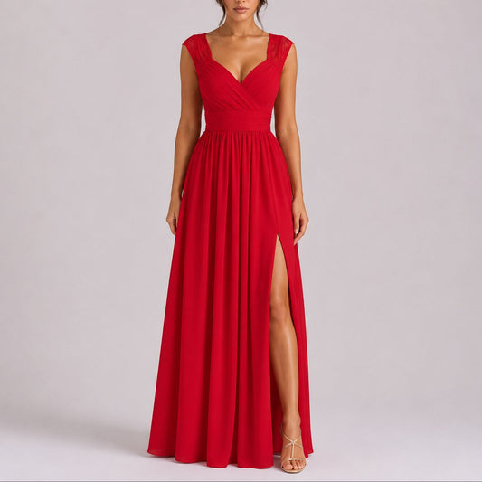 Elegant Chiffon Autumn Wedding Guest Dress for Women with V Neck Cap Sleeve Lace Trim High Slit Flowing Style