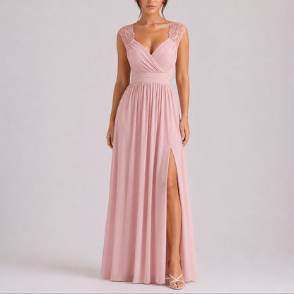 Elegant Chiffon Autumn Wedding Guest Dress for Women with V Neck Cap Sleeve Lace Trim High Slit Flowing Style
