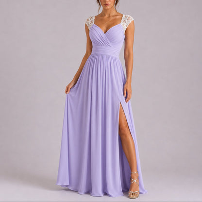 Elegant Chiffon Autumn Wedding Guest Dress for Women with V Neck Cap Sleeve Lace Trim High Slit Flowing Style