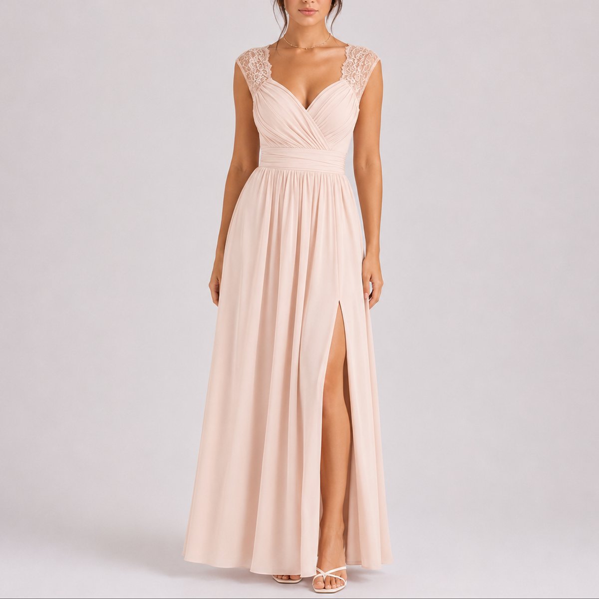 Elegant Chiffon Autumn Wedding Guest Dress for Women with V Neck Cap Sleeve Lace Trim High Slit Flowing Style