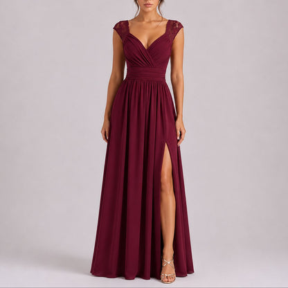 Elegant Chiffon Autumn Wedding Guest Dress for Women with V Neck Cap Sleeve Lace Trim High Slit Flowing Style