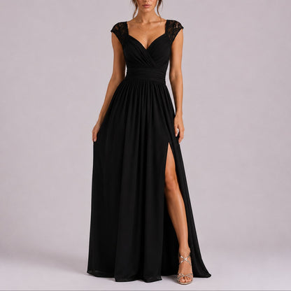 Elegant Chiffon Autumn Wedding Guest Dress for Women with V Neck Cap Sleeve Lace Trim High Slit Flowing Style