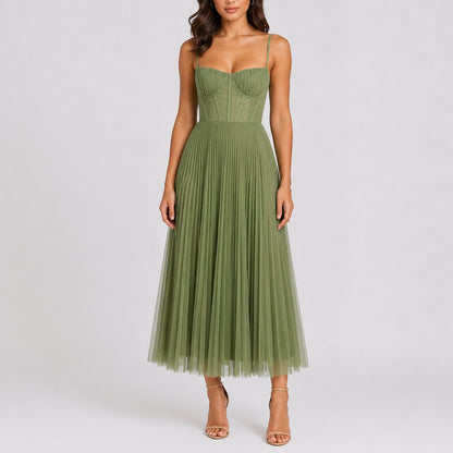 Elegant Green Tulle Autumn Wedding Guest Dress for Women with Sweetheart Neck Spaghetti Strap Corset Bodice Pleated Skirt Formal Style