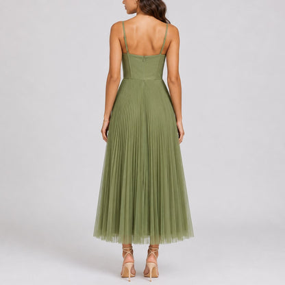 Elegant Green Tulle Autumn Wedding Guest Dress for Women with Sweetheart Neck Spaghetti Strap Corset Bodice Pleated Skirt Formal Style