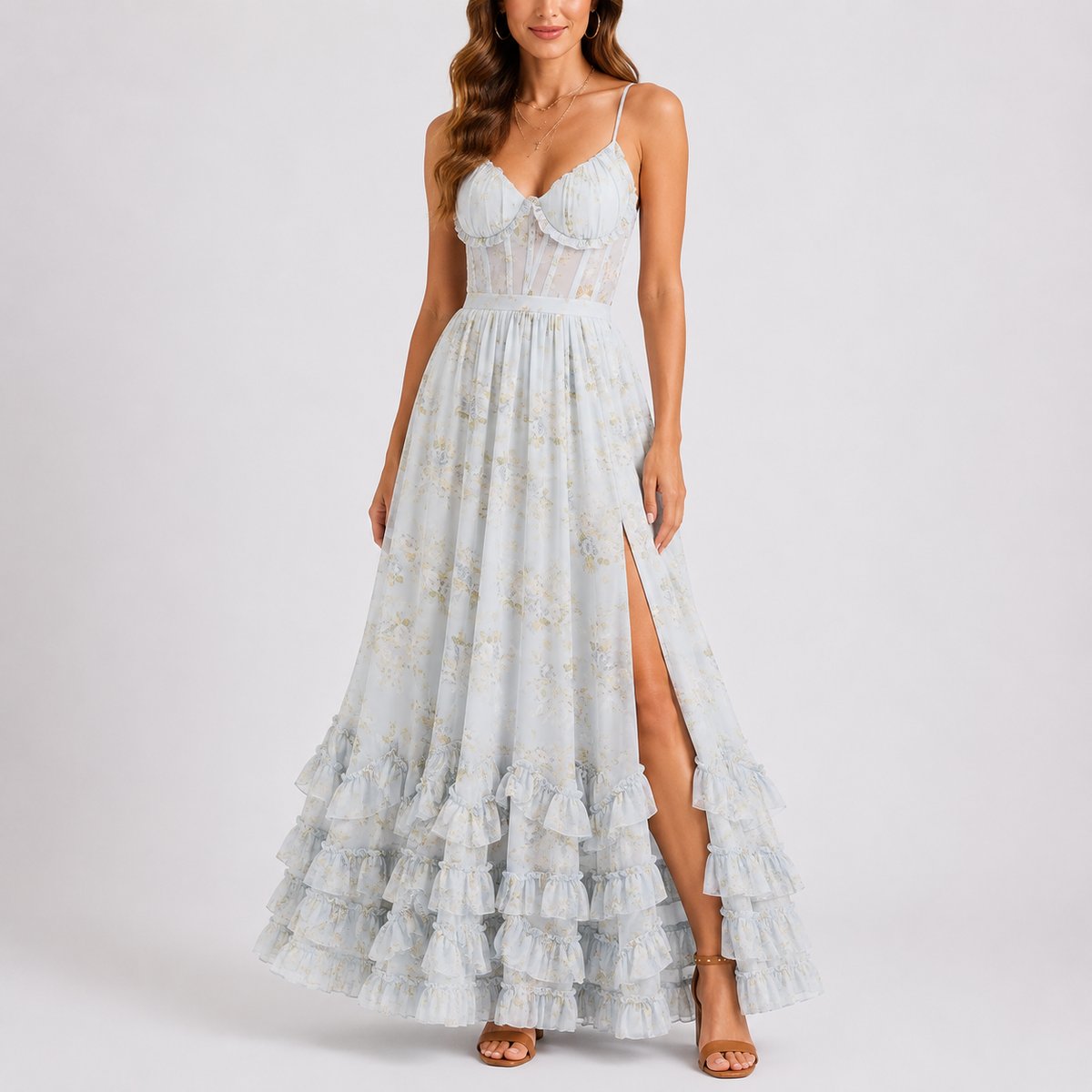 Elegant Floral Autumn Wedding Guest Dress for Women with Sweetheart Neck Spaghetti Strap Tiered Ruffle High Slit Style