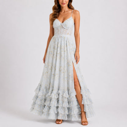 Elegant Floral Autumn Wedding Guest Dress for Women with Sweetheart Neck Spaghetti Strap Tiered Ruffle High Slit Style