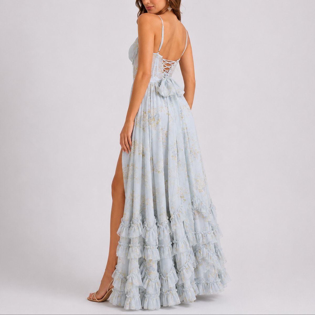 Elegant Floral Autumn Wedding Guest Dress for Women with Sweetheart Neck Spaghetti Strap Tiered Ruffle High Slit Style