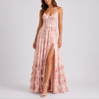 Elegant Floral Autumn Wedding Guest Dress for Women with Sweetheart Neck Spaghetti Strap Tiered Ruffle High Slit Style