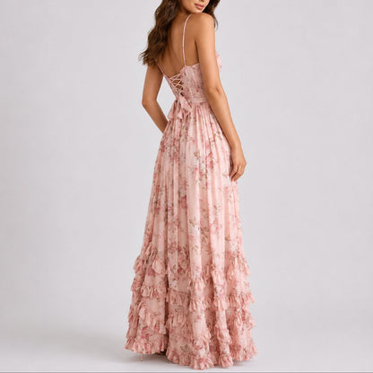 Elegant Floral Autumn Wedding Guest Dress for Women with Sweetheart Neck Spaghetti Strap Tiered Ruffle High Slit Style