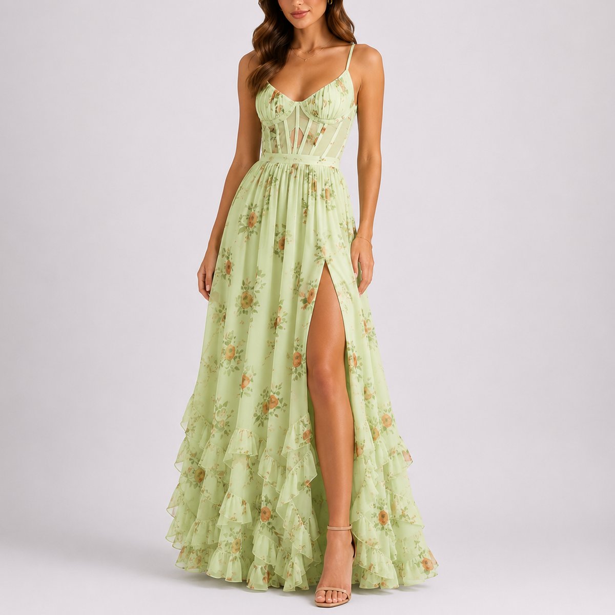 Elegant Floral Autumn Wedding Guest Dress for Women with Sweetheart Neck Spaghetti Strap Tiered Ruffle High Slit Style