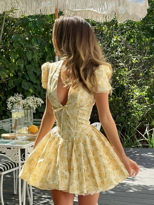 Elegant Yellow Floral Mini Dress for Women with V Neck Puff Sleeve Corset Flowing Style
