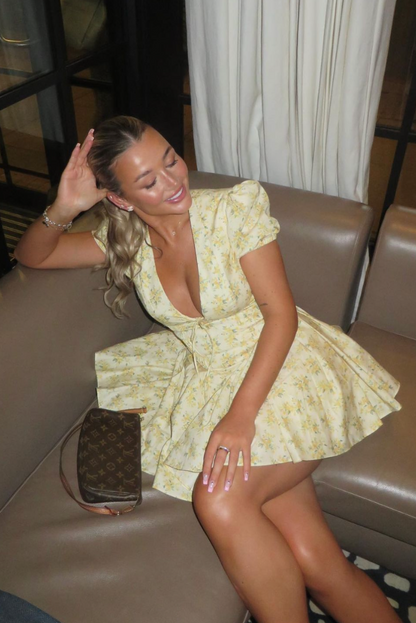 Elegant Yellow Floral Mini Dress for Women with V Neck Puff Sleeve Corset Flowing Style