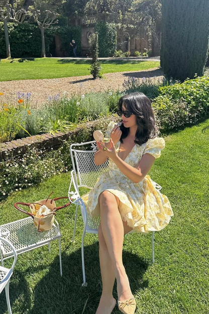 Elegant Yellow Floral Mini Dress for Women with V Neck Puff Sleeve Corset Flowing Style
