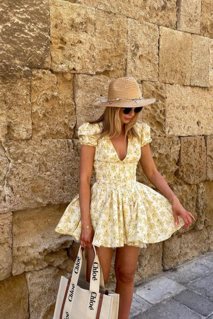 Elegant Yellow Floral Mini Dress for Women with V Neck Puff Sleeve Corset Flowing Style