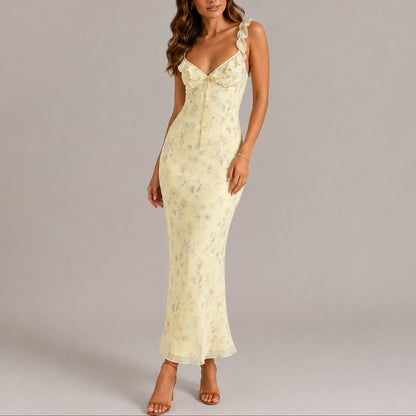 Elegant Floral Autumn Wedding Guest Dress for Women with V Neck Ruffle Strap Bodycon Mermaid Style