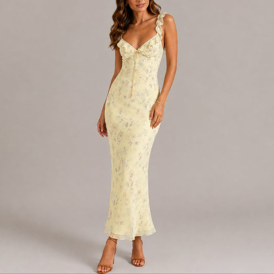 Elegant Floral Autumn Wedding Guest Dress for Women with V Neck Ruffle Strap Bodycon Mermaid Style