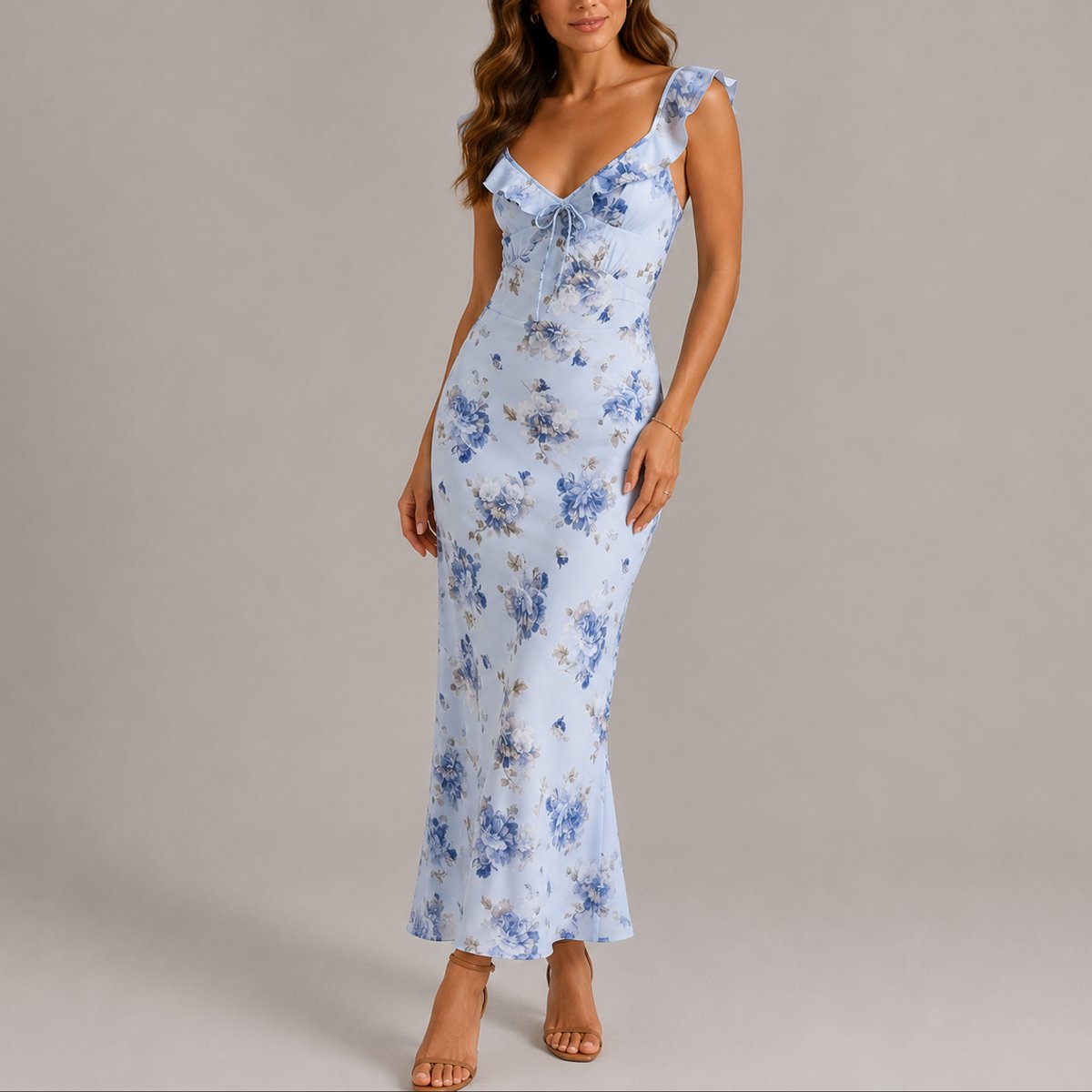 Elegant Floral Autumn Wedding Guest Dress for Women with V Neck Ruffle Strap Bodycon Mermaid Style