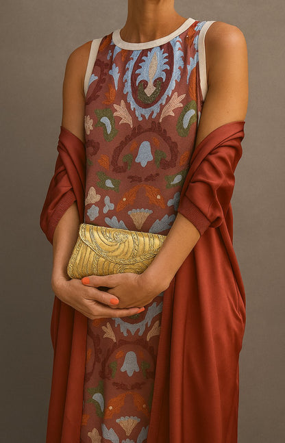 Elegant Ikat Print Maxi Dress for Women with Round Neck Sleeveless Draped Shawl Flowing Style