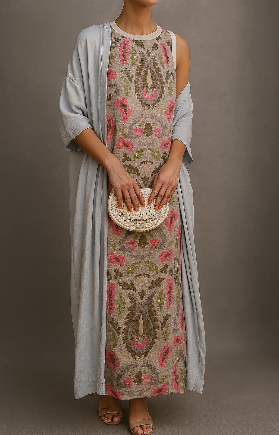 Elegant Ikat Print Maxi Dress for Women with Round Neck Sleeveless Draped Shawl Flowing Style