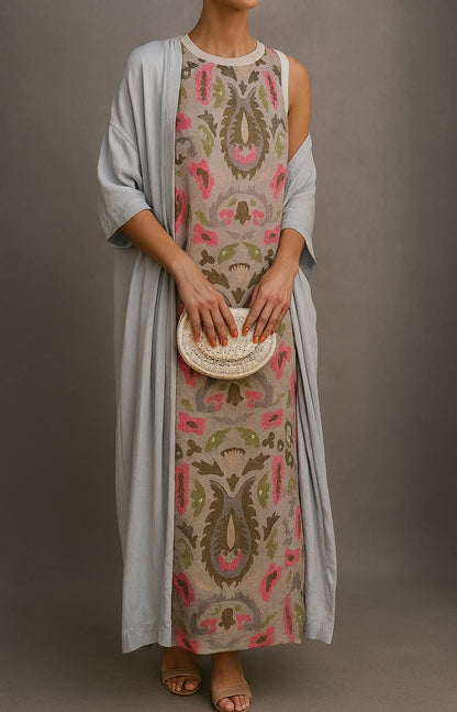 Elegant Ikat Print Maxi Dress for Women with Round Neck Sleeveless Draped Shawl Flowing Style