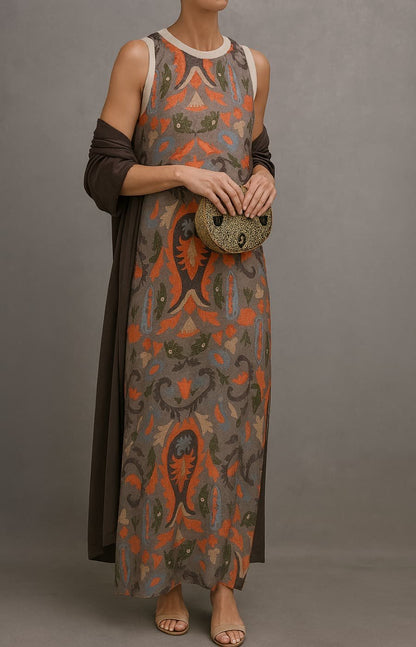Elegant Ikat Print Maxi Dress for Women with Round Neck Sleeveless Draped Shawl Flowing Style