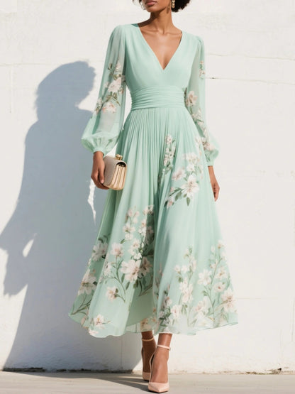 Elegant Light Green Floral Midi Dress for Women with V Neck Bishop Sleeve Ruched Waist Wedding Guest Style