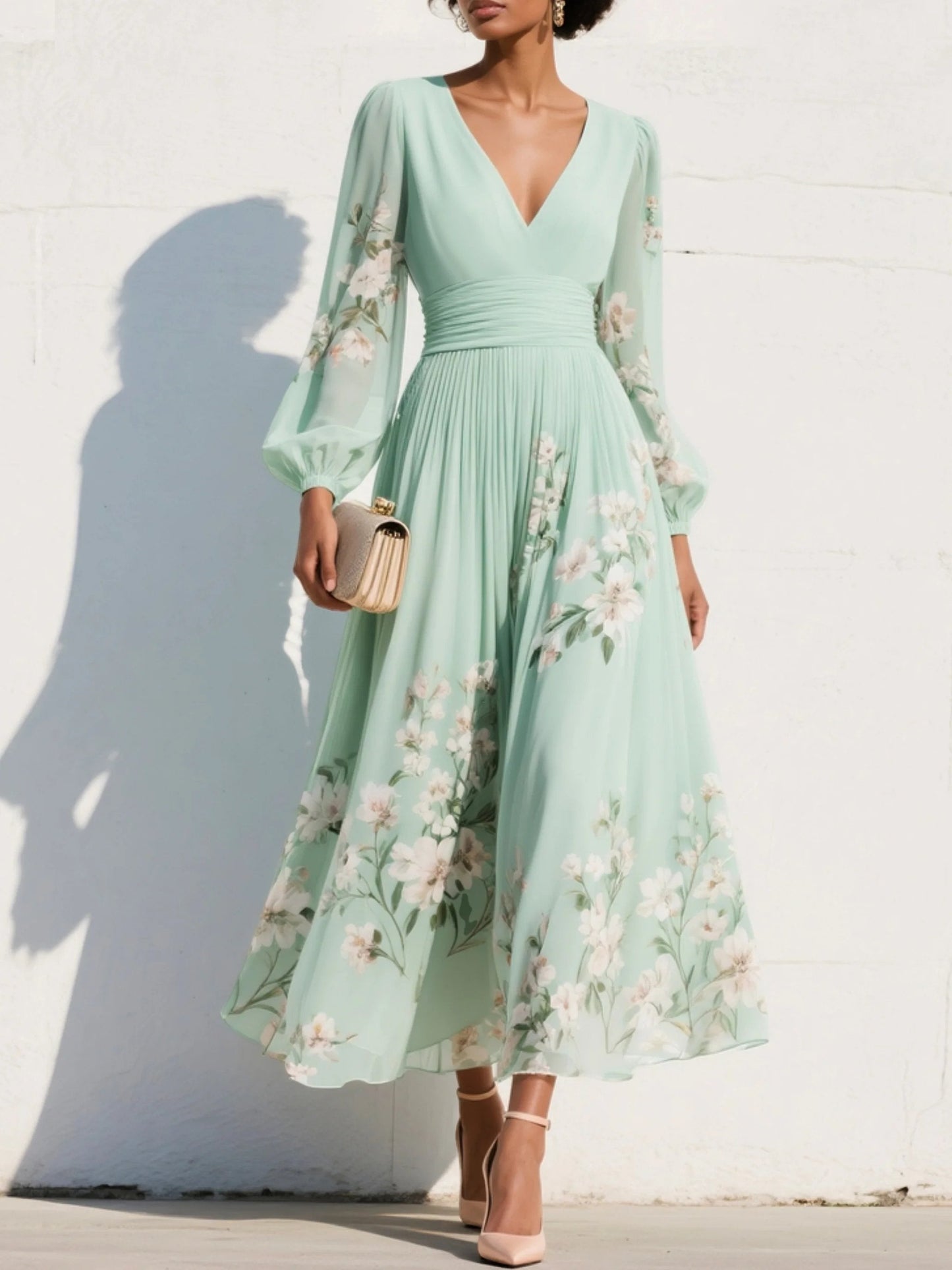 Elegant Light Green Floral Autumn Wedding Guest Dress for Women with V Neck Bishop Sleeve Pleated Waist Flowing Style