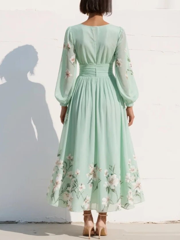 Elegant Light Green Floral Midi Dress for Women with V Neck Bishop Sleeve Ruched Waist Wedding Guest Style
