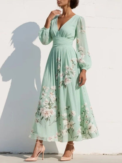 Elegant Light Green Floral Autumn Wedding Guest Dress for Women with V Neck Bishop Sleeve Pleated Waist Flowing Style
