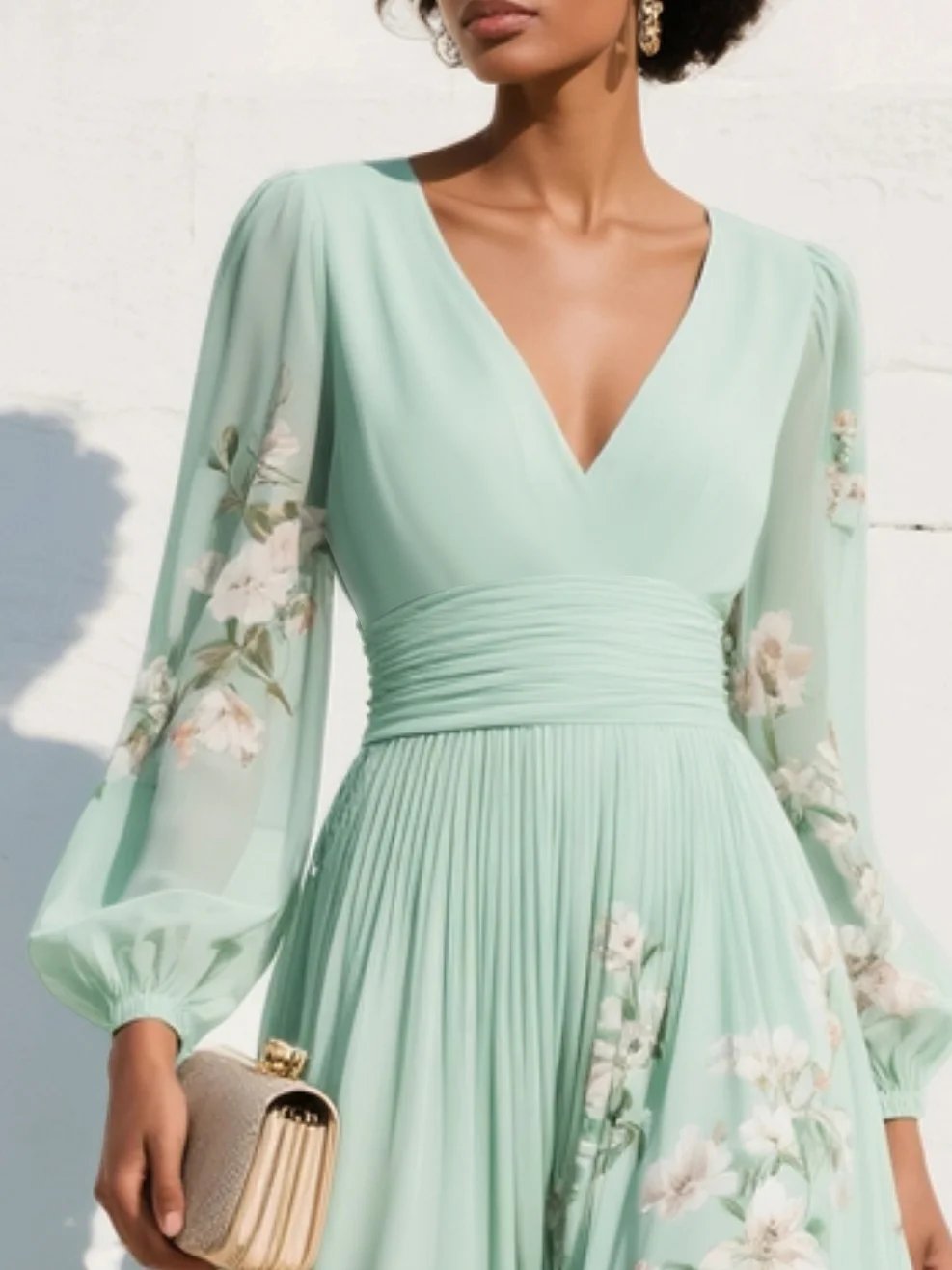 Elegant Light Green Floral Midi Dress for Women with V Neck Bishop Sleeve Ruched Waist Wedding Guest Style