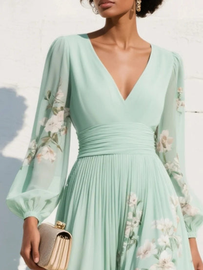 Elegant Light Green Floral Midi Dress for Women with V Neck Bishop Sleeve Ruched Waist Wedding Guest Style