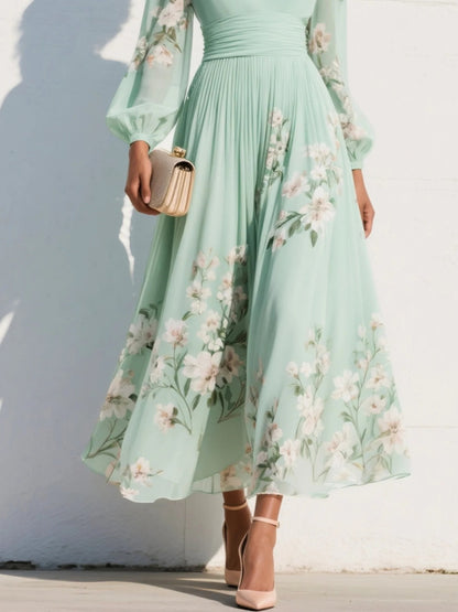 Elegant Light Green Floral Midi Dress for Women with V Neck Bishop Sleeve Ruched Waist Wedding Guest Style
