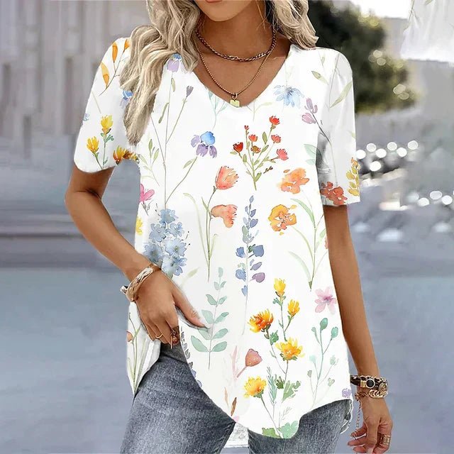 Effortless Floral Tunic for Women with V Neck Short Sleeve Curved Hem Flowing Style