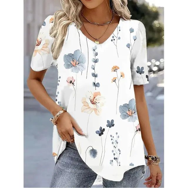 Effortless Floral Tunic for Women with V Neck Short Sleeve Curved Hem Flowing Style