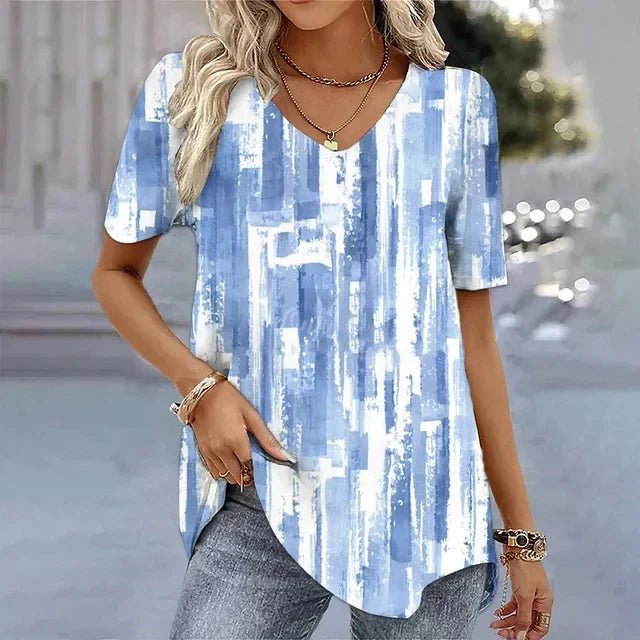 Effortless Floral Tunic for Women with V Neck Short Sleeve Curved Hem Flowing Style