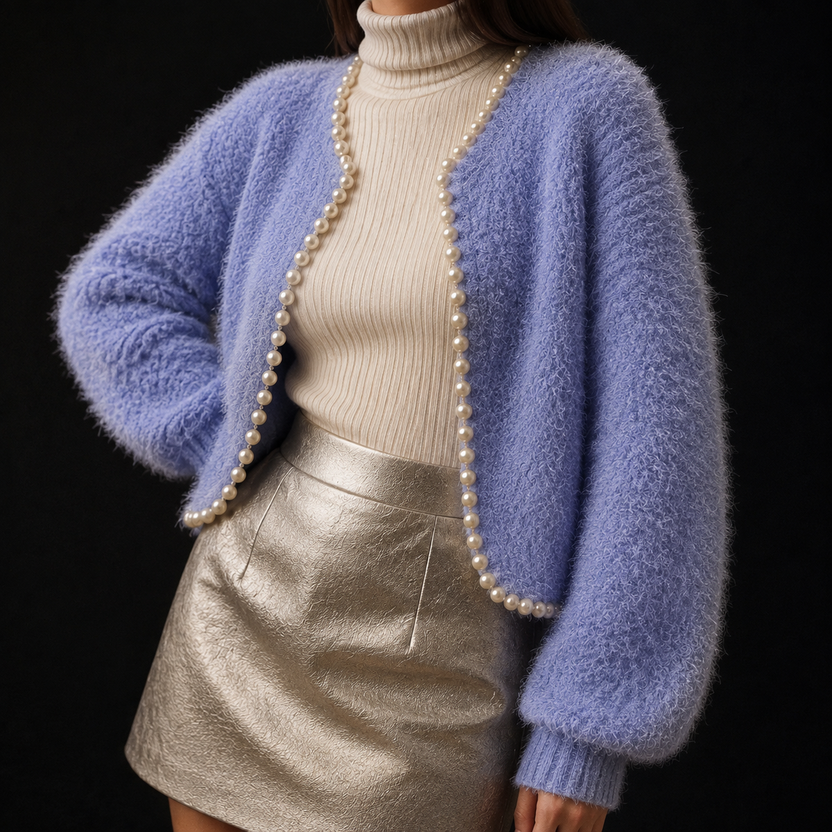 Women's Fluffy Beaded Trim Open Front Cardigan