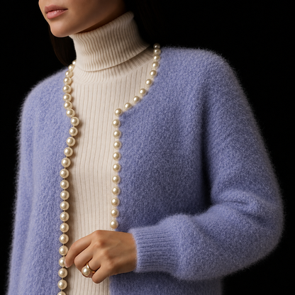 Women's Fluffy Beaded Trim Open Front Cardigan