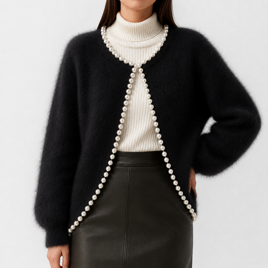 Women's Fluffy Beaded Trim Open Front Cardigan