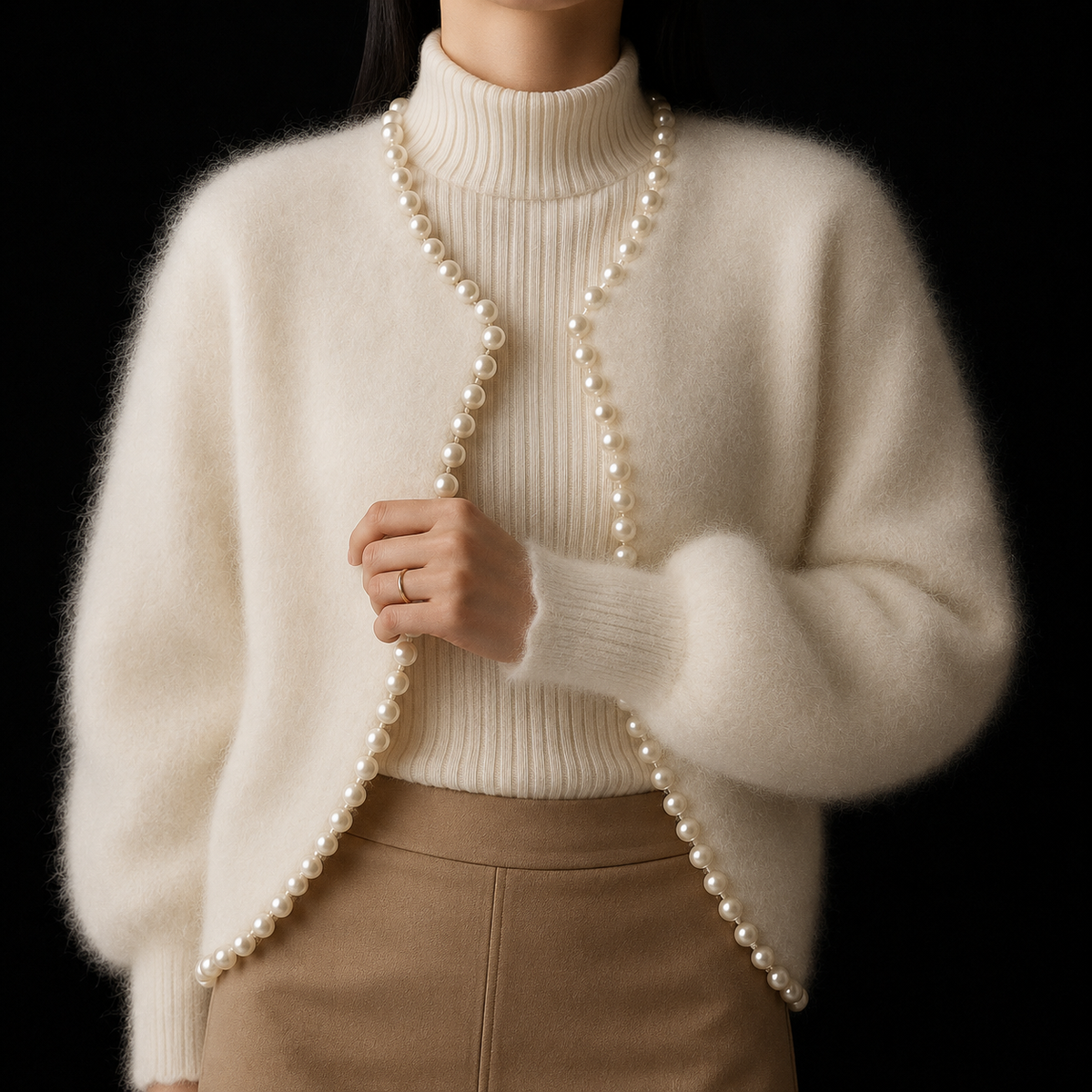 Women's Fluffy Beaded Trim Open Front Cardigan