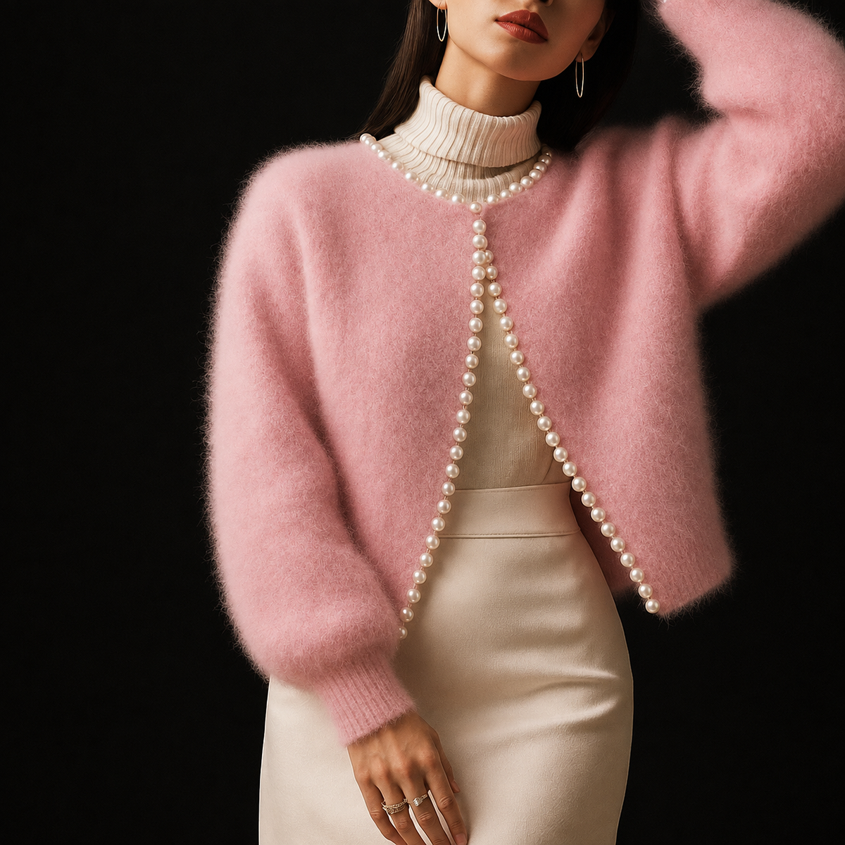 Women's Fluffy Beaded Trim Open Front Cardigan