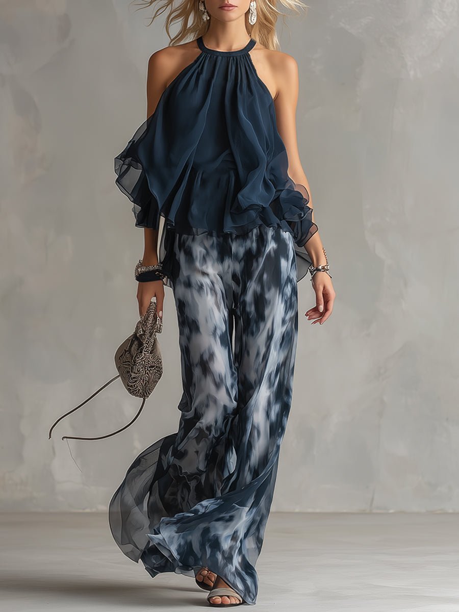 Elegant Navy Blue Tie Dye Wide Leg Set for Women with Halter Neck Ruffle Sleeve Flowing Two Piece Style